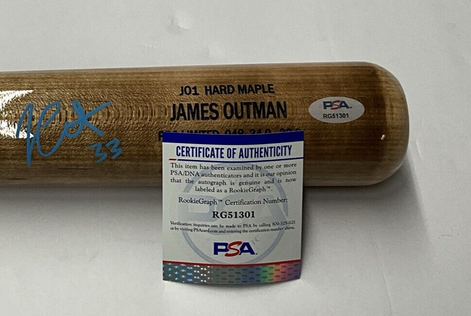 JAMES OUTMAN DODGERS SIGNED MARK LUMBER GAME MODEL J01 MAPLE BAT PSA RG51301