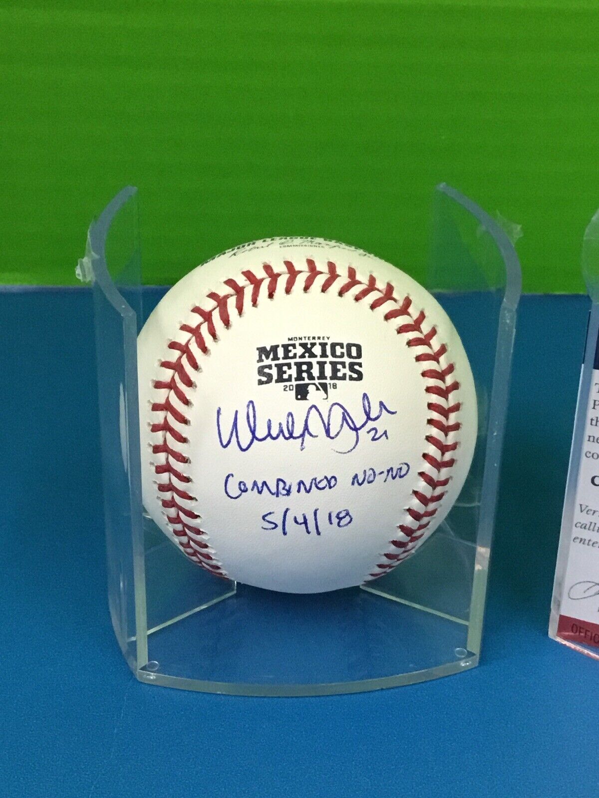 WALKER BUEHLER DODGERS SIGNED 2018 MEXICO SERIES BASEBALL "COMBINED NO-NO" PSA