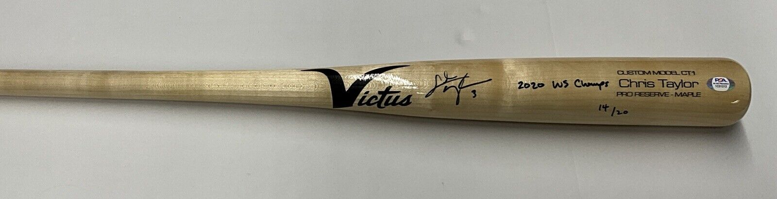 14/20 CHRIS TAYLOR DODGERS SIGNED VICTUS GAME MODEL BAT "2020 WS CHAMPS" INS PSA