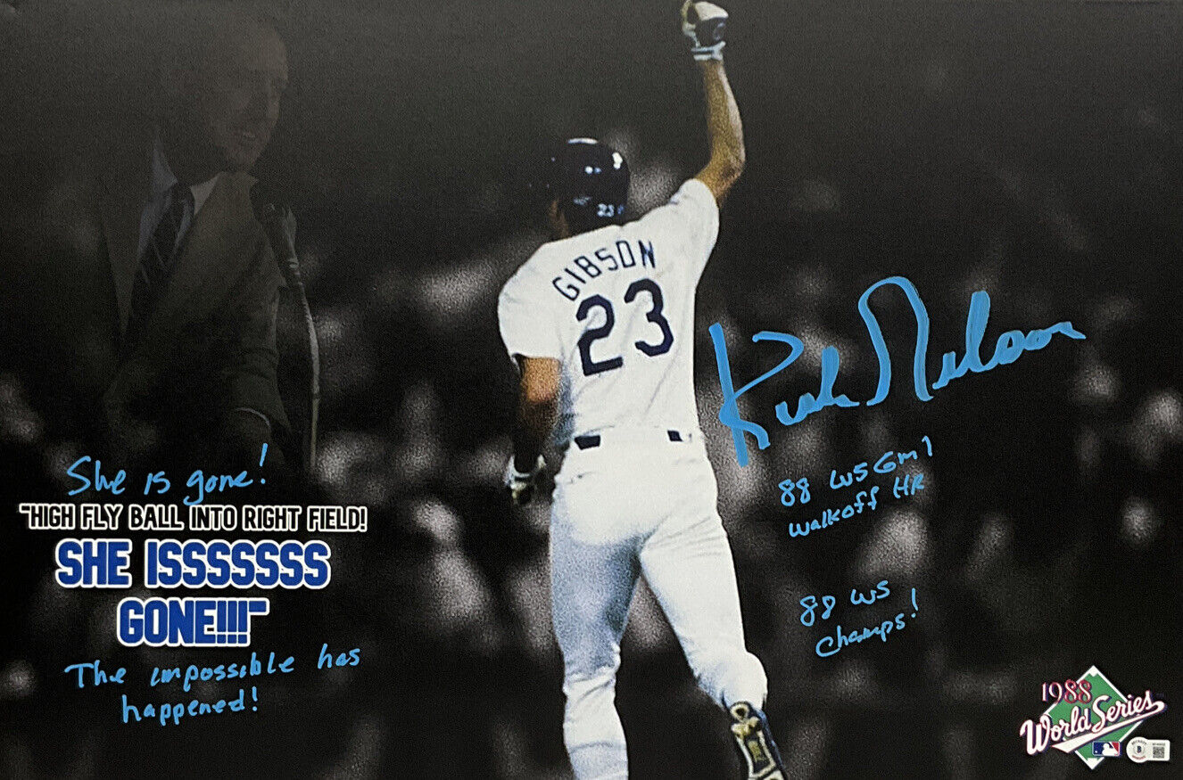 KIRK GIBSON DODGERS SIGNED 20X30 STRETCHED SCULLY CANVAS 4 INSCRIPT BAS W140632