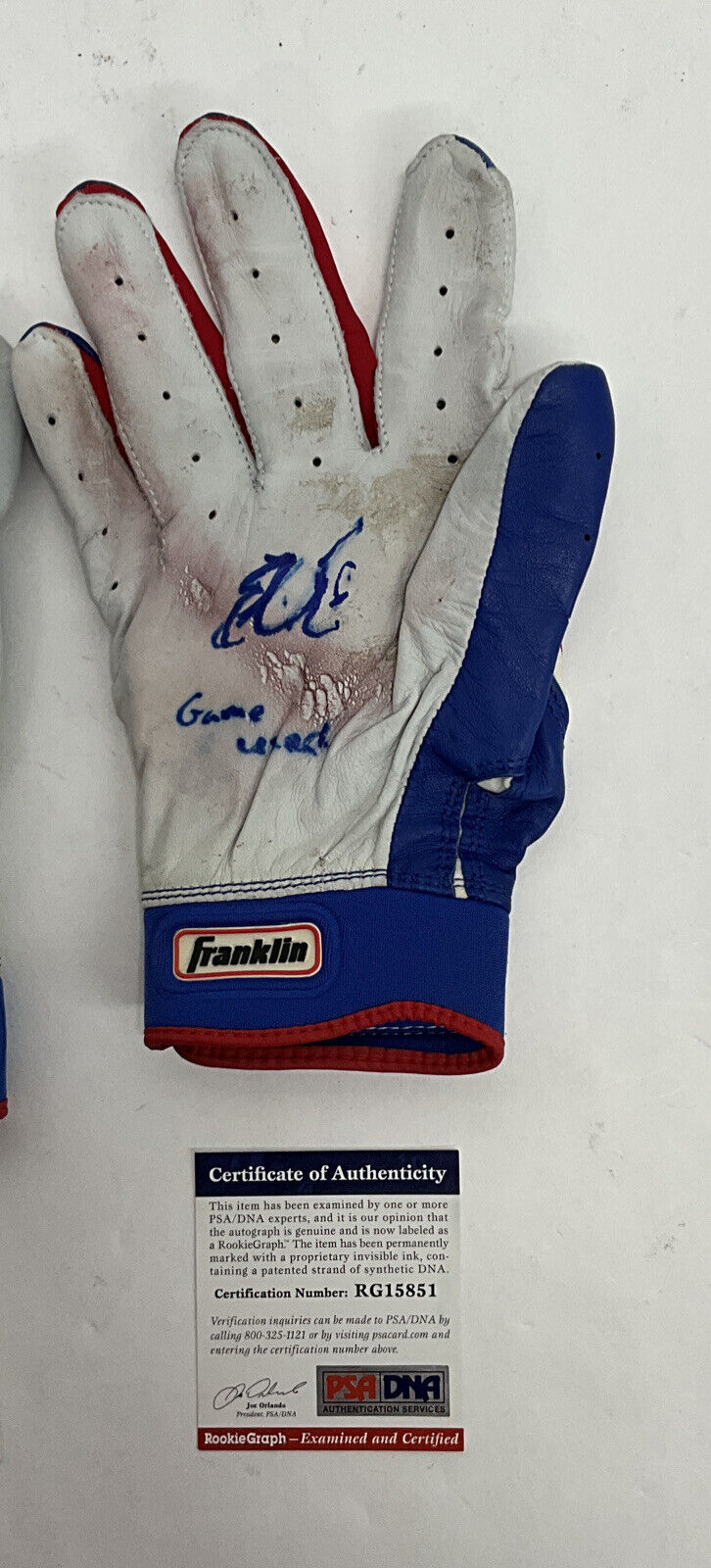 EDWIN RIOS DODGERS 2020 WS CHAMP SIGNED GAME USED BATTING GLOVES PSA RG15851/52