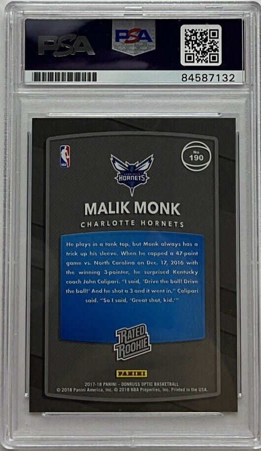 MALIK MONK SIGNED HORNETS PANINI DONRUSS OPTIC #190 RC PSA SLABBED 84587132