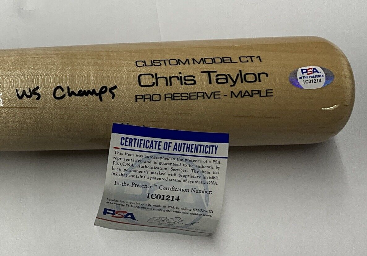 16/20 CHRIS TAYLOR DODGERS SIGNED VICTUS GAME MODEL BAT "2020 WS CHAMPS" INS PSA