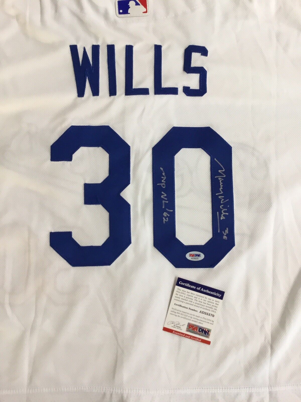 MAURY WILLS DODGERS SIGNED JERSEY WITH "MVP NL 62'" INSCRIPTION PSA COA