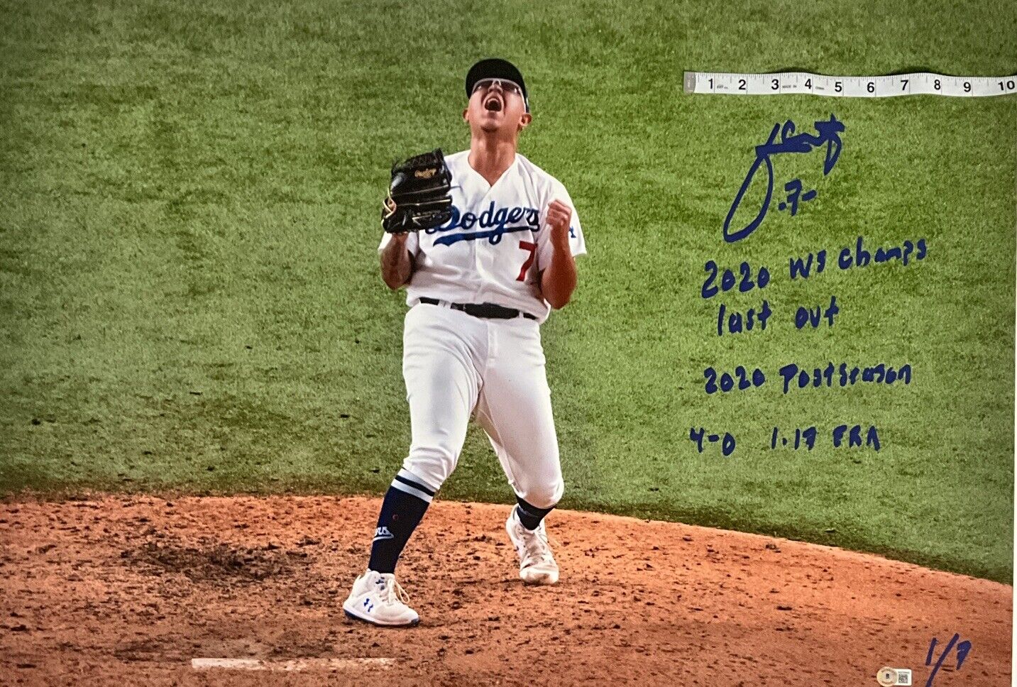 1/7 JULIO URIAS DODGERS SIGNED 22X32 CANVAS "2020 WS CHAMPS, LAST OUT" INS BAS