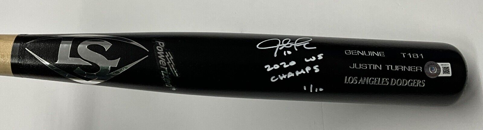 1/10 W JUSTIN TURNER DODGERS SIGNED LOUISVILLE SLUGGER BAT "2020 WS CHAMPS" BAS