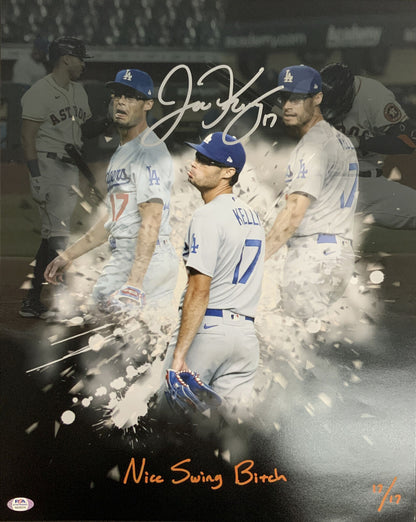 17/17 JOE KELLY DODGERS 2020 WS CHAMPION SIGNED 16X20 PHOTO NICE SWING BITCH PSA