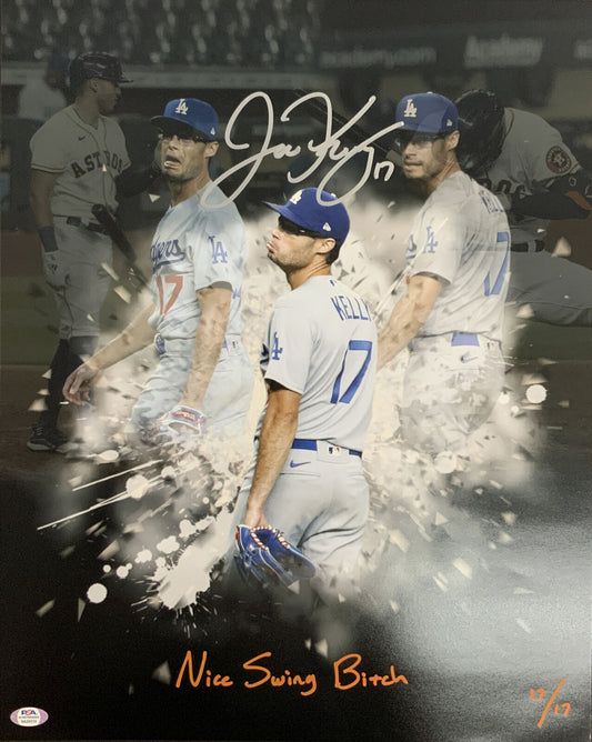 17/17 JOE KELLY DODGERS 2020 WS CHAMPION SIGNED 16X20 PHOTO NICE SWING BITCH PSA