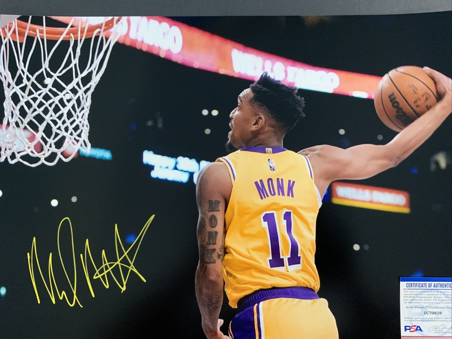 MALIK MONK LAKERS SIGNED 16X20 DUNK PHOTO YELLOW  PSA ITP AUTHENTICATED