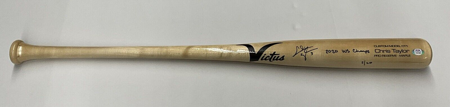 2/20 CHRIS TAYLOR DODGERS SIGNED VICTUS GAME MODEL BAT "2020 WS CHAMPS" INS PSA