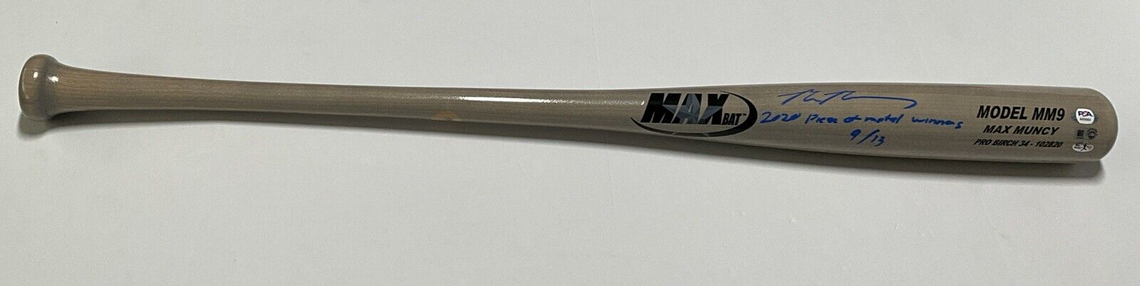 9/13 MAX MUNCY SIGNED GAME MODEL MM9 MAXBAT "2020 piece of metal winner" MLB PSA