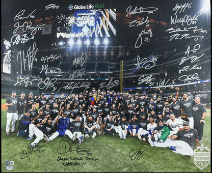 DODGERS 2020 WORLD SERIES FULL TEAM SIGNED 20X24 PHOTO 30 AUTOS PSA 9A48075