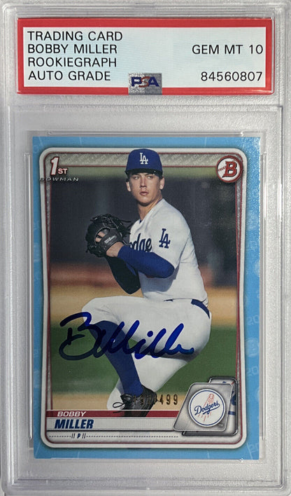 BOBBY MILLER DODGERS SIGNED 1ST BOWMAN SKY BLUE /499 PSA 84560807 GEM MT 10 AUTO