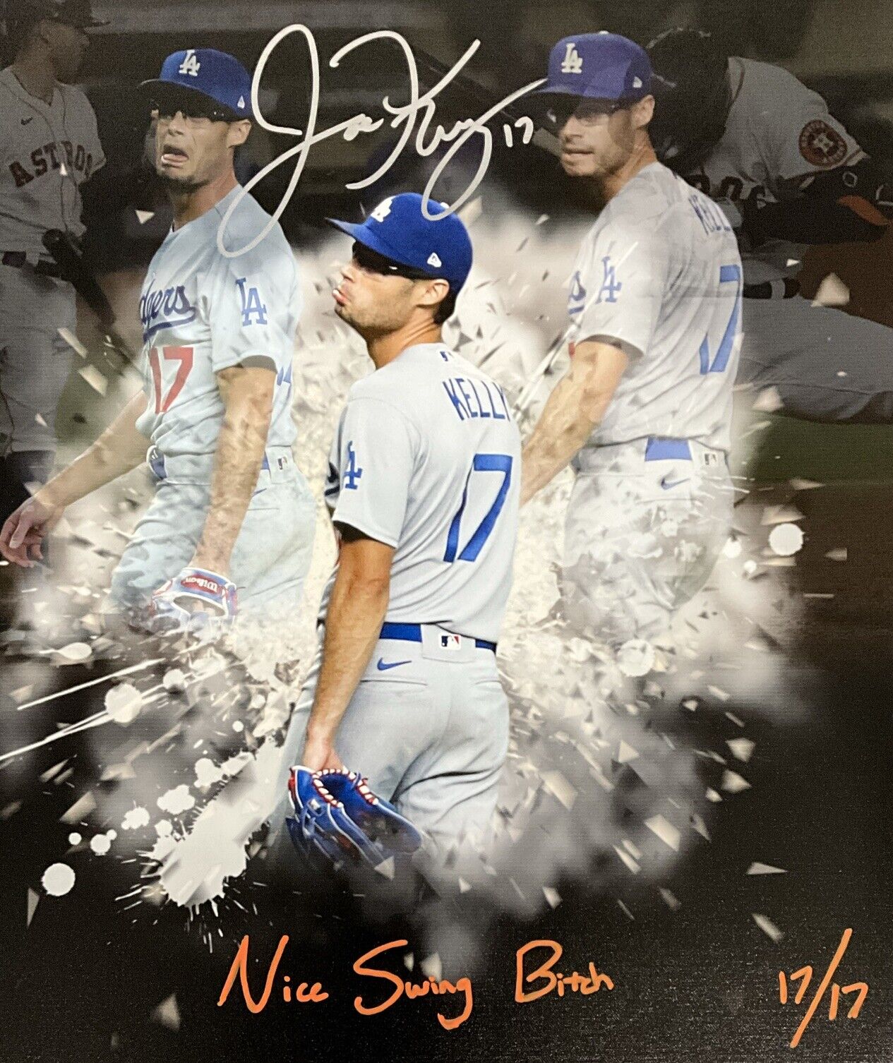 17/17 JOE KELLY DODGERS SIGNED 22X26 POUTY FACE EDIT CANVAS NICE SWING BITCH PSA