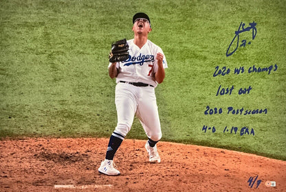 4/7 JULIO URIAS DODGERS SIGNED 22X32 CANVAS "2020 WS CHAMPS, LAST OUT" INS BAS