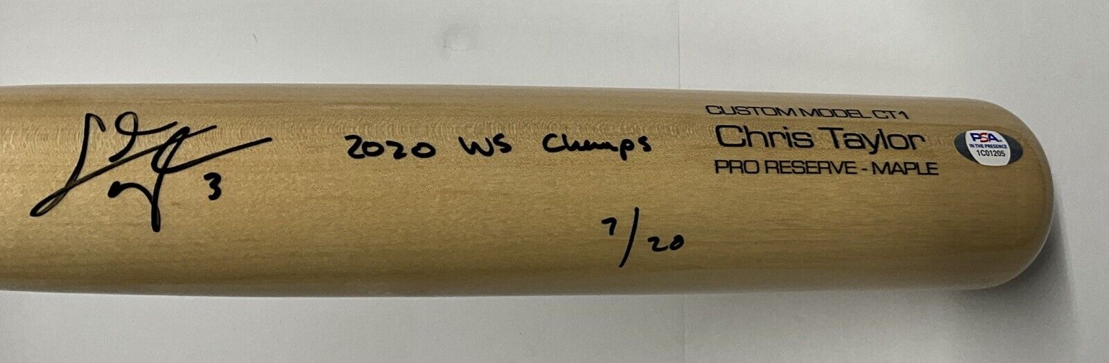 7/20 CHRIS TAYLOR DODGERS SIGNED VICTUS GAME MODEL BAT "2020 WS CHAMPS" INS PSA