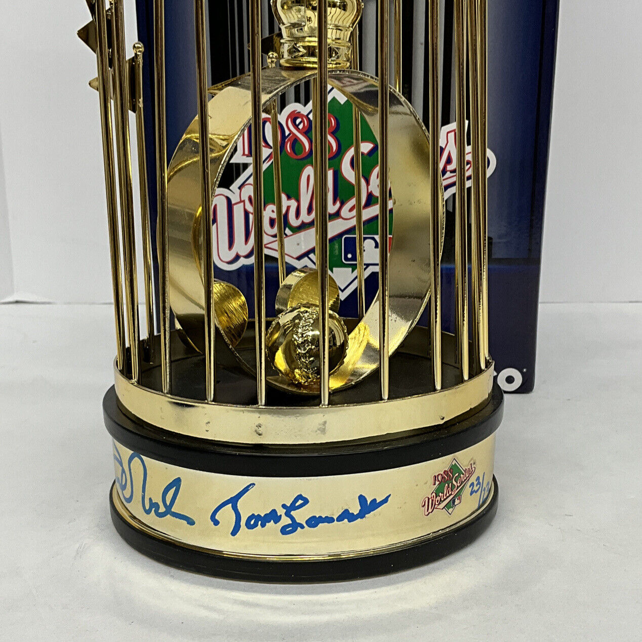 OREL HERSHISER KIRK GIBSON LASORDA SIGNED DODGERS 12" 88 WS TROPHY PSA 8A78413