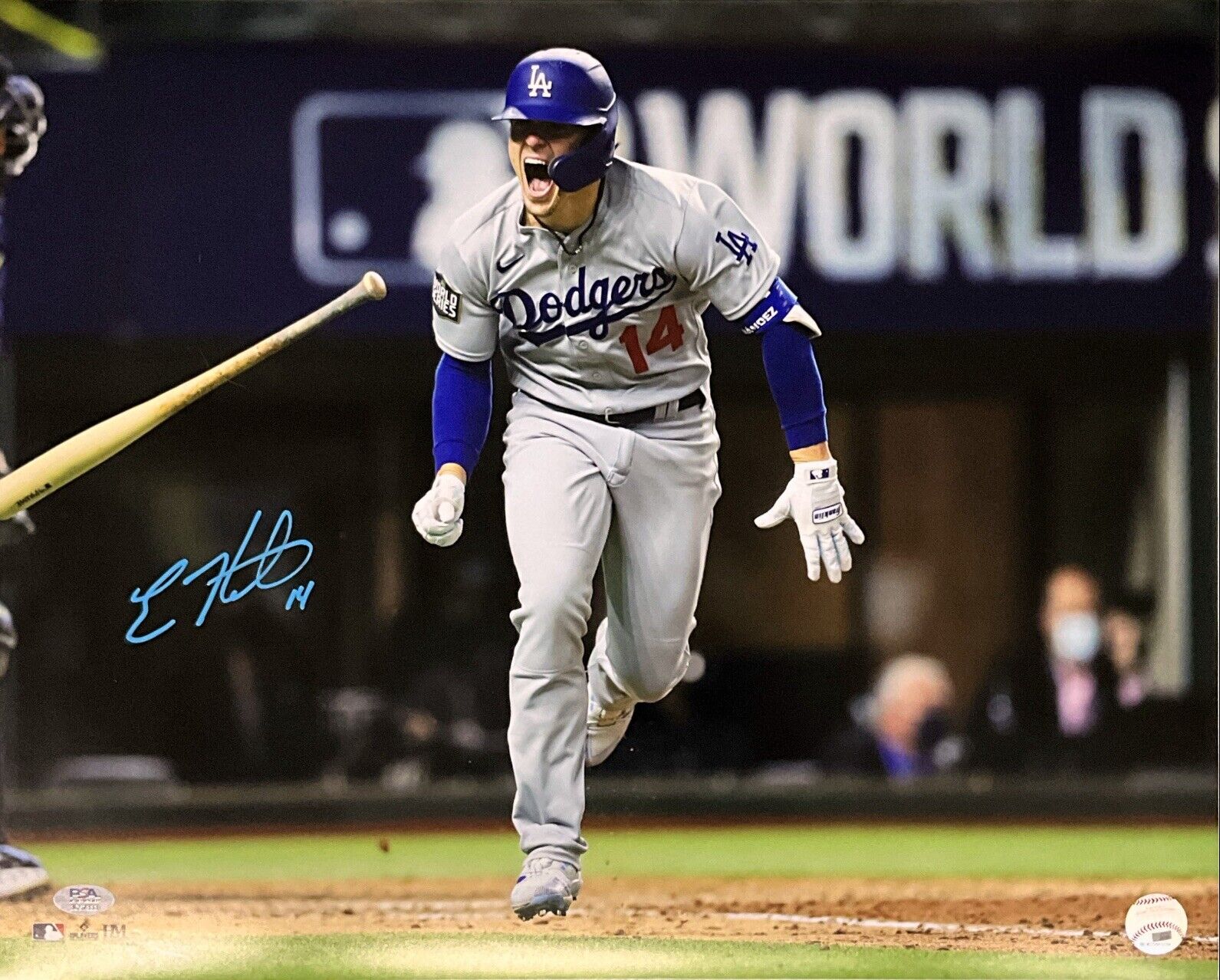 KIKE HERNANDEZ DODGERS SIGNED 16X20 2020 WORLD SERIES SHOUTING PHOTO PSA COA