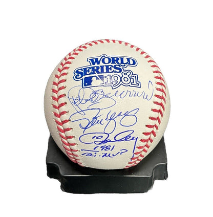 CEY, YEAGER, GUERRERO SIGNED 1981 WORLD SERIES BASEBALL "81 WS TRI-MVP" INS PSA