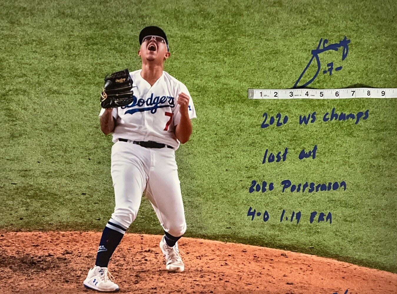 3/7 JULIO URIAS DODGERS SIGNED 22X32 CANVAS "2020 WS CHAMPS, LAST OUT" INS BAS