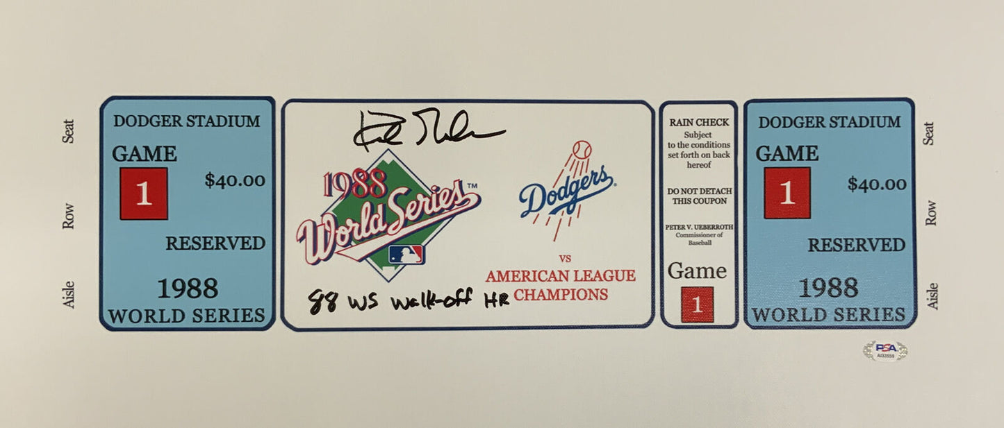 DODGERS KIRK GIBSON SIGNED 7X20 88 WS GAME 1 TICKET CANVAS" 88 WS WALK OFF" PSA