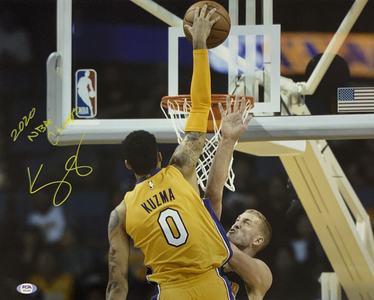 KYLE KUZMA LAKERS SIGNED 16X20 DUNK PHOTO "2020 NBA CHAMPS" INSCRIPTION PSA