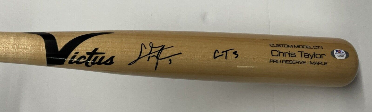 CHRIS TAYLOR DODGERS SIGNED VICTUS MODEL BLONDE BAT "CT3" INSCRIPT PSA 1C01220