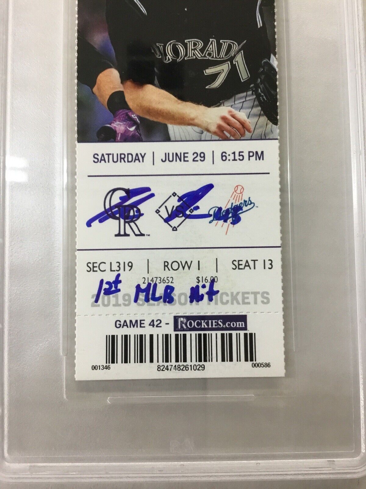 DODGERS EDWIN RIOS SIGNED 1ST MLB HIT 6-29-19 TICKET STUB PSA/DNA SLABBED 180258