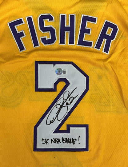 DEREK FISHER SIGNED LAKERS JERSEY "5X NBA CHAMP" INSCRIPTION BECKETT W128212