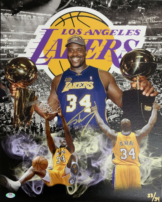 33/34 SHAQUILLE O'NEAL LAKERS MVP SIGNED 18X22 LE CANVAS EDIT PRINT PSA 9A24786