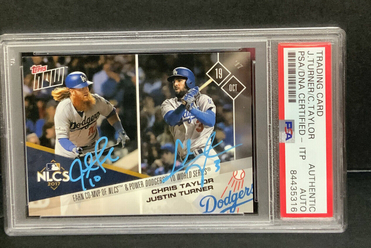 JUSTIN TURNER & CHRIS TAYLOR SIGNED 2017 NLCS CO-MVP TOPPS NOW CARD PSA 84435316