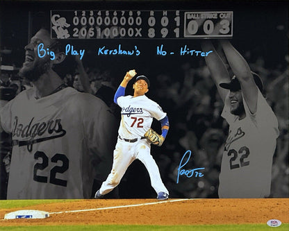 MIGUEL ROJAS DODGERS SIGNED 16X20 PHOTO EDIT "BIG PLAY KERSHAW'S NO-HITTER" PSA