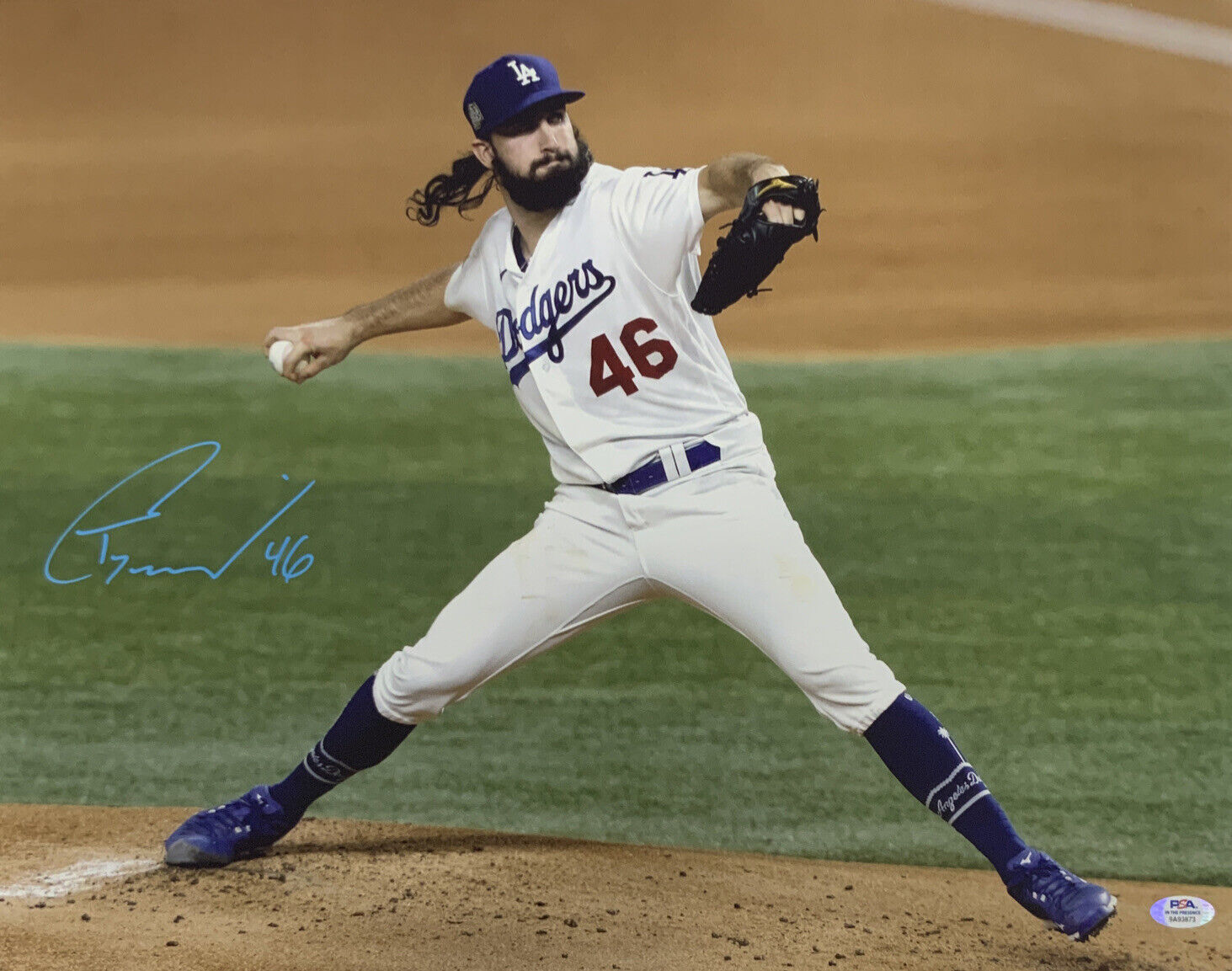 TONY GONSOLIN DODGERS SIGNED 2020 WORLD SERIES 16X20 PITCHING PHOTO PSA WITNESS