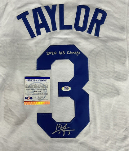 CHRIS TAYLOR DODGERS SIGNED 2020 WORLD SERIES JERSEY "2020 WS CHAMP" PSA 1C01389