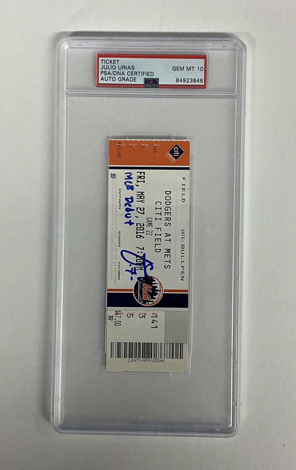 JULIO URIAS DODGERS SIGNED MLB DEBUT TICKET STUB PSA 84923846 GEM MT 10 AUTO