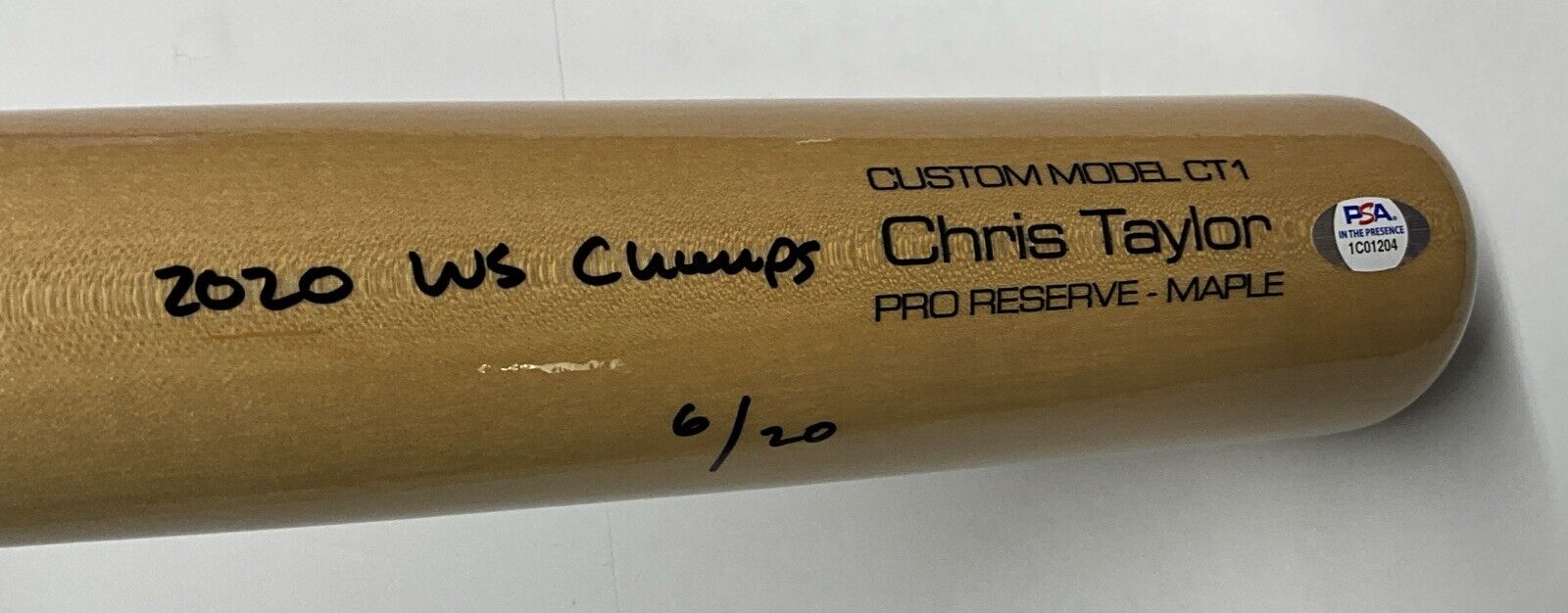 6/20 CHRIS TAYLOR DODGERS SIGNED VICTUS GAME MODEL BAT "2020 WS CHAMPS" INS PSA