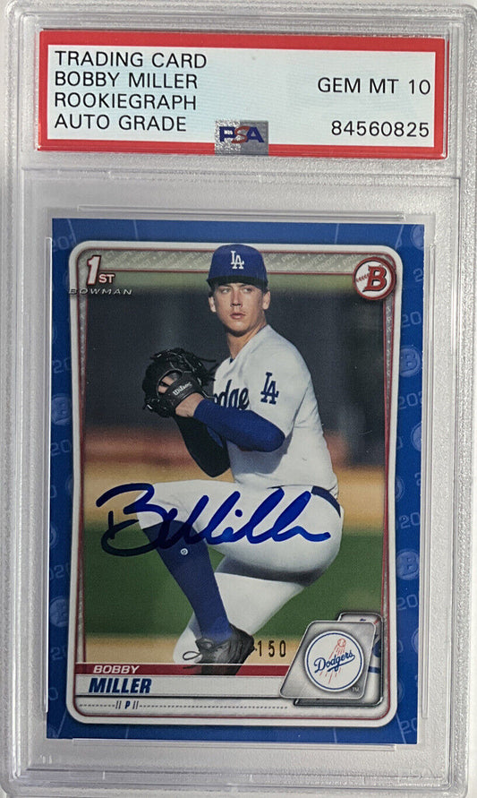 BOBBY MILLER DODGERS SIGNED 1ST BOWMAN BLUE 77/150 PSA 84560825 GEM MT 10 AUTO