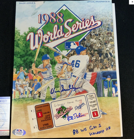 1988 WORLD SERIES PROGRAM SIGNED BY VIN SCULLY & KIRK GIBSON W/ TICKET STUB PSA