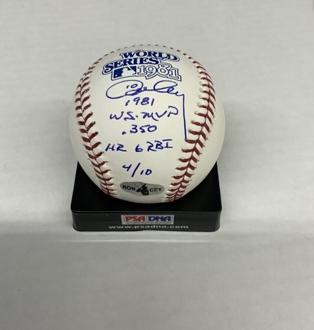 4/10 LE RON CEY DODGERS SIGNED 81 WORLD SERIES BASEBALL "81 WS MVP, .350 HR" PSA