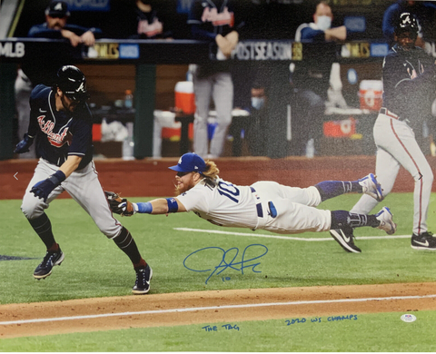 JUSTIN TURNER DODGERS SIGNED 24X28 CANVAS "2020 WS CHAMPS. THE TAG" PSA 9A70593