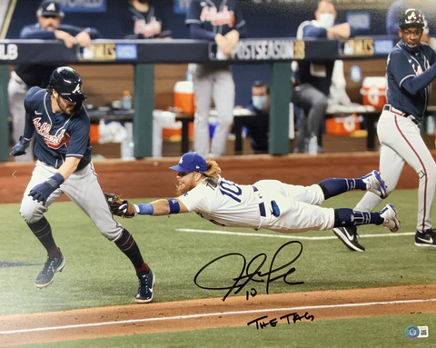 JUSTIN TURNER DODGERS SIGNED 16X20 2020 NLCS DOUBLE PLAY PHOTO "THE TAG" BECKETT
