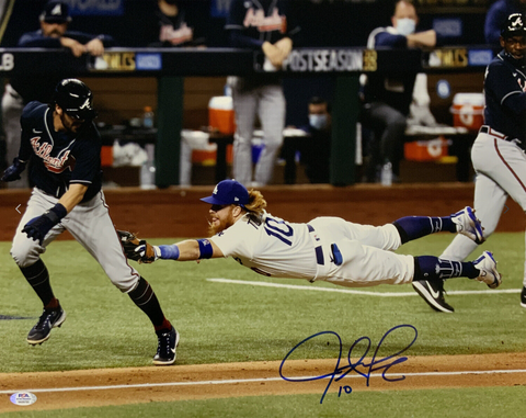 JUSTIN TURNER DODGERS SIGNED 2020 NLCS DOUBLE PLAY 16X20 PHOTO PSA WITNESS