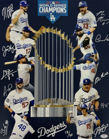 18/20 DODGERS 2020 WORLD SERIES 16X20 PHOTO WITH 10 AUTOGRAPHS MUNCY TAYLOR PSA